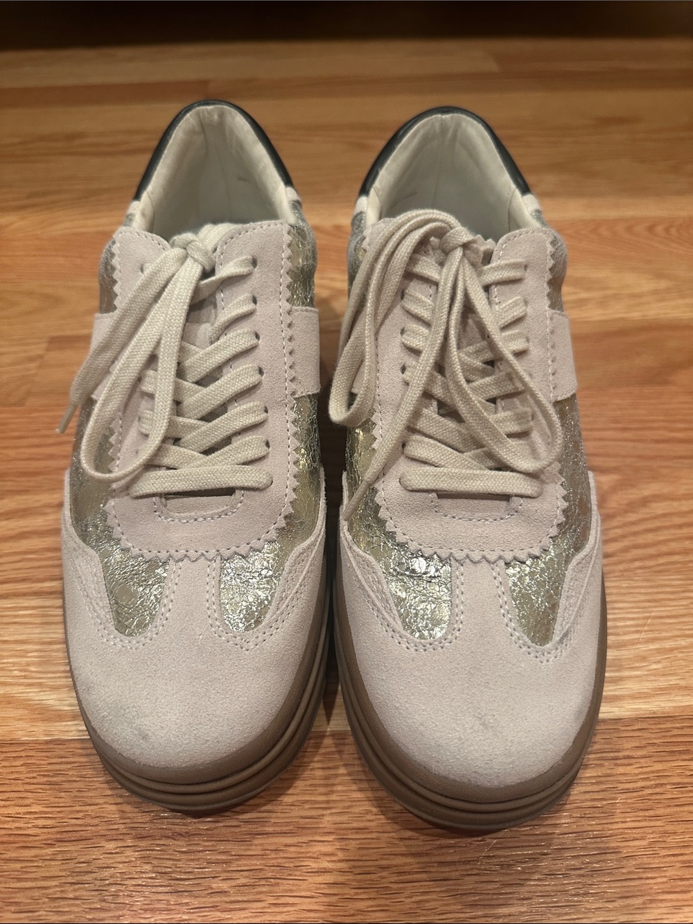 Dolce Vita Beige Suede Sneakers with Metallic Gold Panels